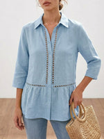 Womens Casual Patchwork Openwork Webbing Linen And Cotton Shirt