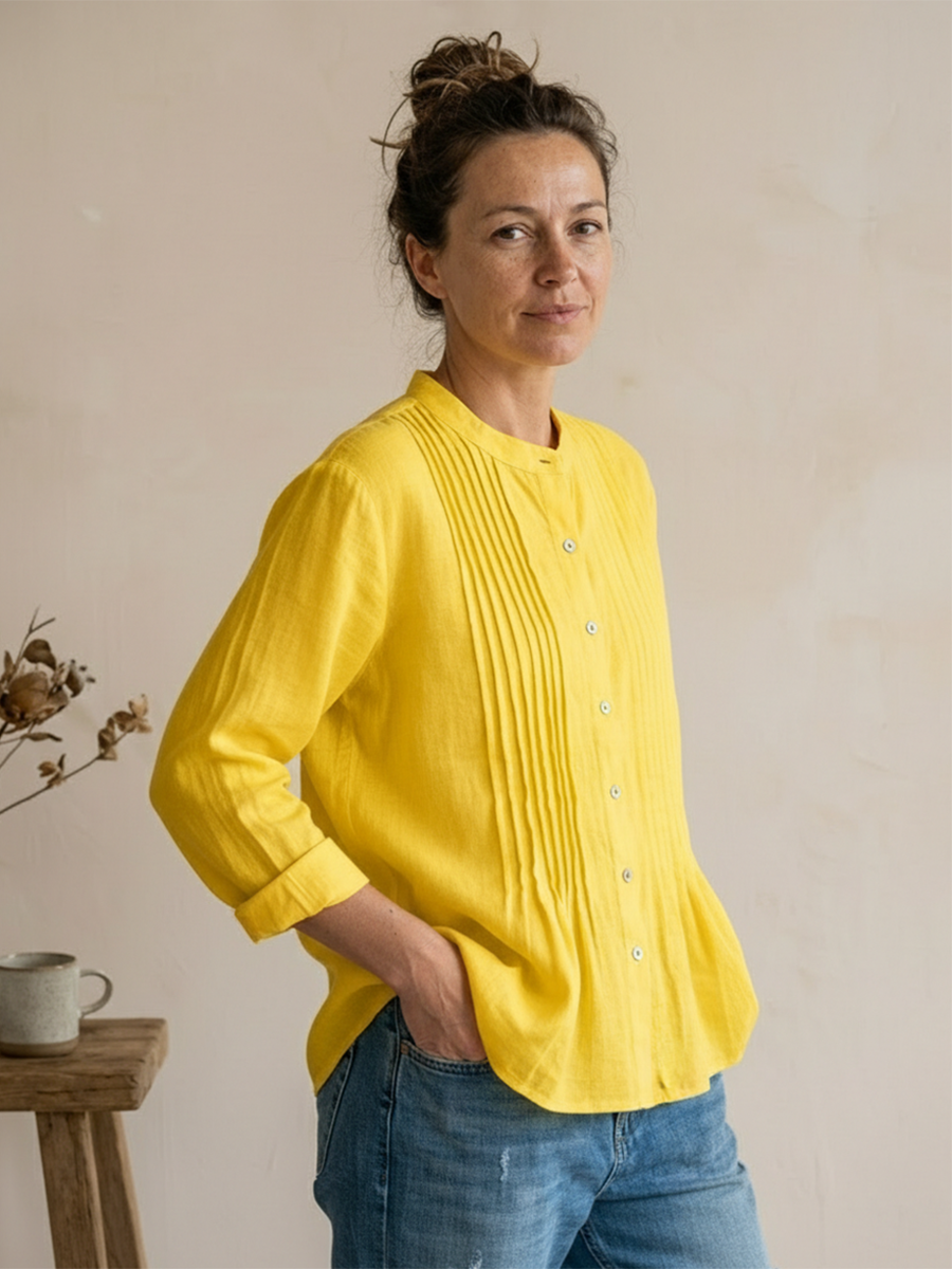 Women's Relaxed Fit Cotton-Linen Blend Shirt with Pintuck Detail