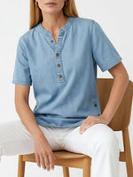 Women's Loose Denim Top - V Neck Short Sleeve Casual Button Up Cotton Blouse