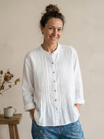 Women's Relaxed Fit Cotton-Linen Blend Shirt with Pintuck Detail