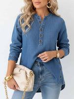 Women's V-neck Long-sleeved Casual Button-up Loose Denim Top