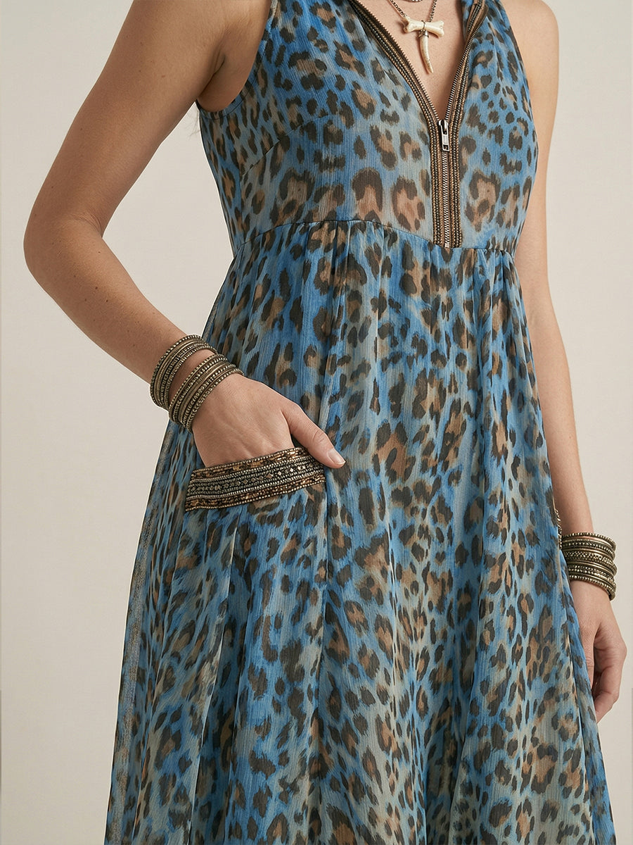 Women's Retro Casual Green Leopard Print Art Hooded Midi Dress