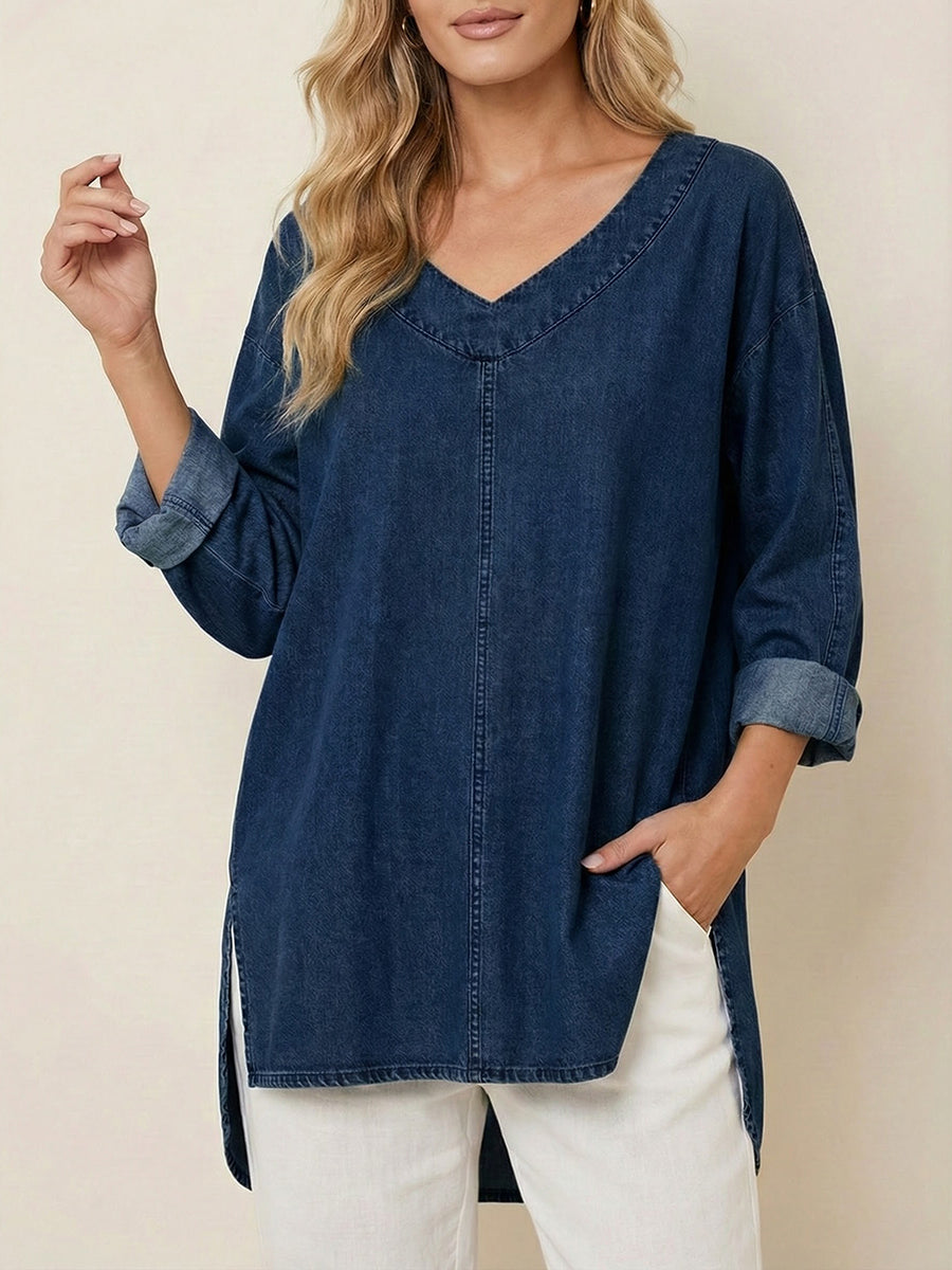 Women's Casual Washed Denim V-Neck Tunic Top