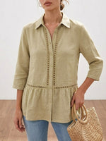 Womens Casual Patchwork Openwork Webbing Linen And Cotton Shirt