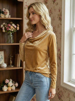 Stylish new women's pure color cowl neck long-sleeved sexy velvet T-shirt