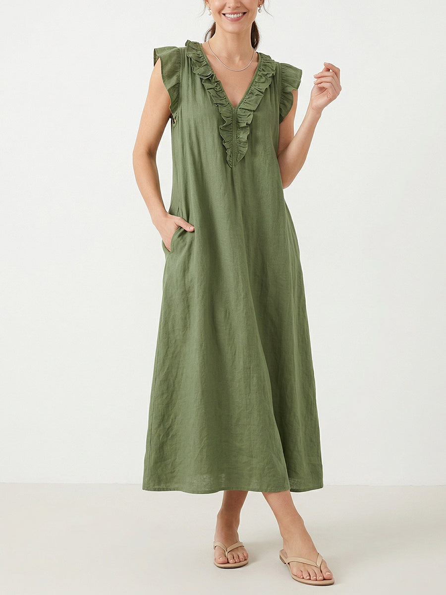 Women's Solid Color Ruffled Art Casual Fashion Cozy Cotton Linen Dress