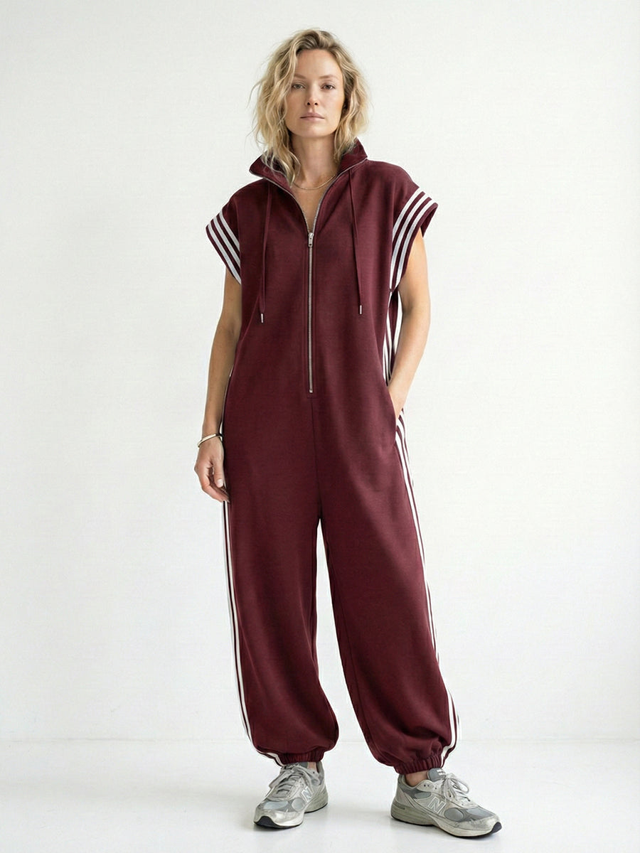 Women's Stand Collar Short Sleeve Cotton Wide-Leg Jumpsuit – Casual Loose Fit