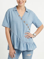 Women's Vintage Casual Ruffles Denim Short Sleeve Shirt