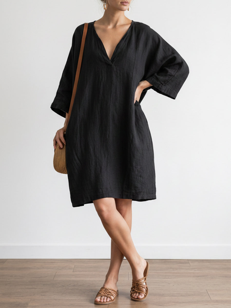 Loose-fit Casual Plus Size Linen And Cotton Dress