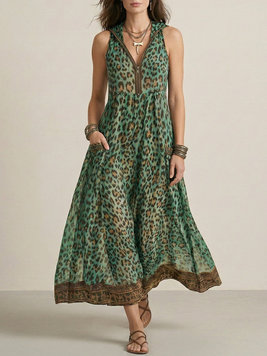 Women's Retro Casual Green Leopard Print Art Hooded Midi Dress