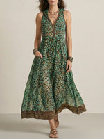 Women's Retro Casual Green Leopard Print Art Hooded Midi Dress