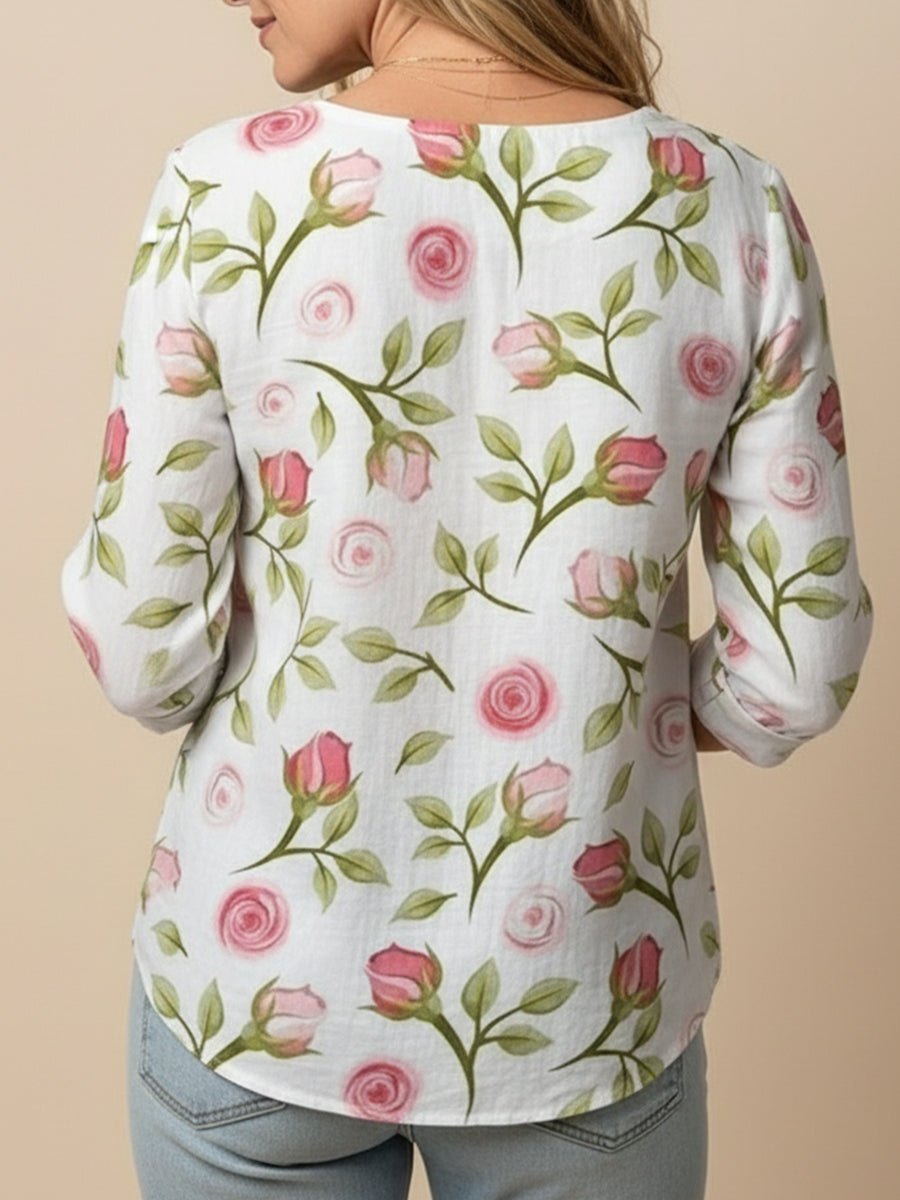 Women's Floral Pattern White Long Sleeve Linen shirt