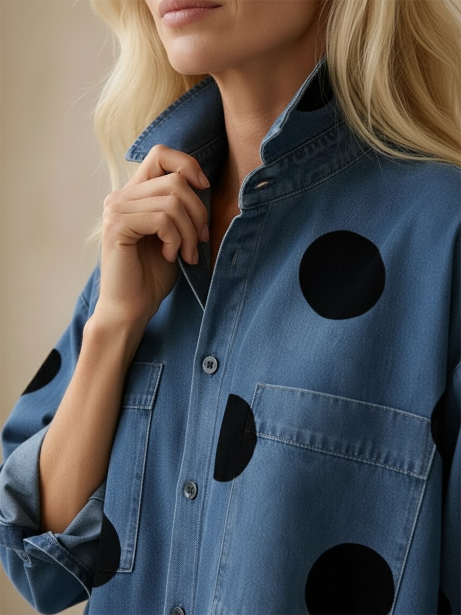 Womens Elegant Artistic Polka Dot Print Stand-collar Denim Top