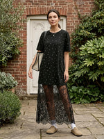 Round-neck, Polka-dot, Short-sleeve, Loose-fit, Casual Lace Dress