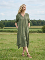 Linen V-Neck Double-Layer Midi Dress