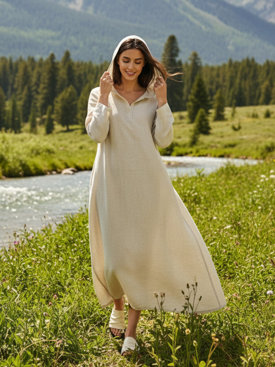 Linen Hooded Pullover Maxi Dress