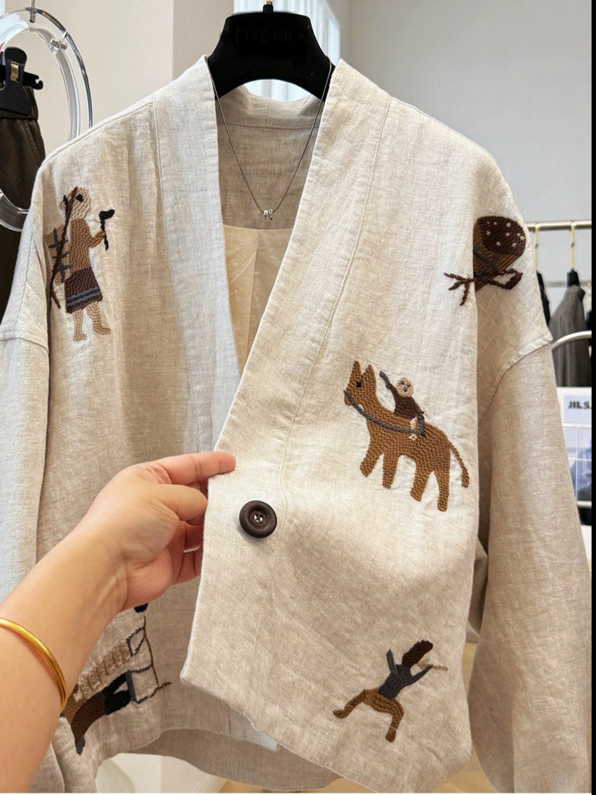 Casual Embroidered Linen And Cotton Cardigan