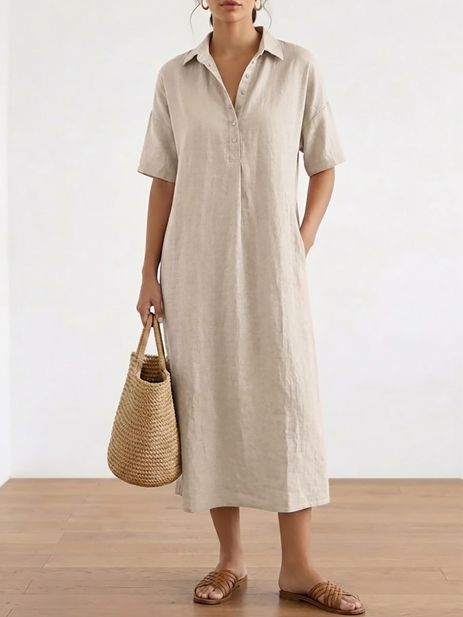 Casual Polo Collar Linen And Cotton Short-sleeved Dress