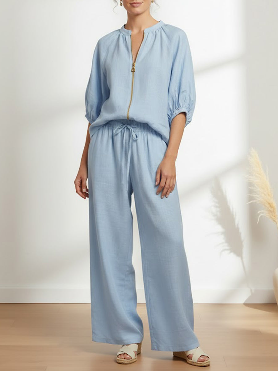 Womens Stylish Cozy Shirt & Wide-Leg Pants Linen Cotton Two-Piece Set