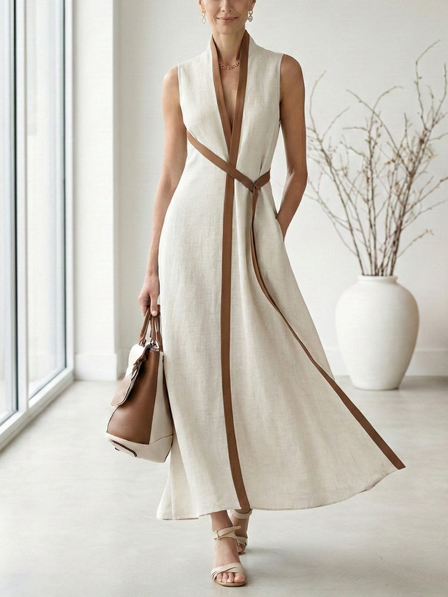 Women's Stand-up Collar Sleeveless Casual Loose Cotton And Linen Dress