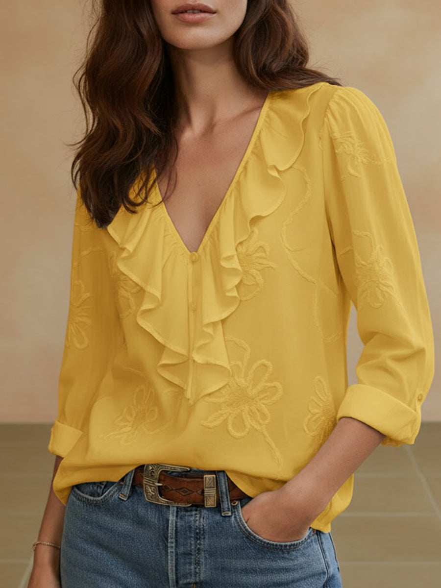 Womens Vintage ruffled V-neck shirt with embroidered flowers