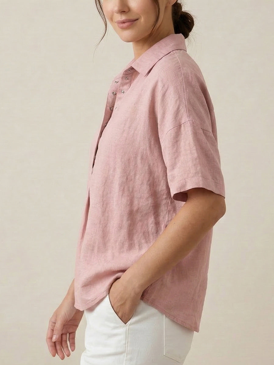 FIORACHIC Women’s Cotton Linen Polo Collar Short Sleeve Casual Shirt