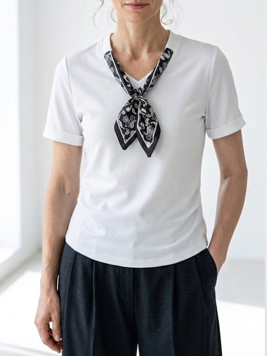 Women’s 100% Cotton T-Shirt with Scarf Detail Elegant Casual Summer Top, Soft Breathable Short Sleeve Blouse