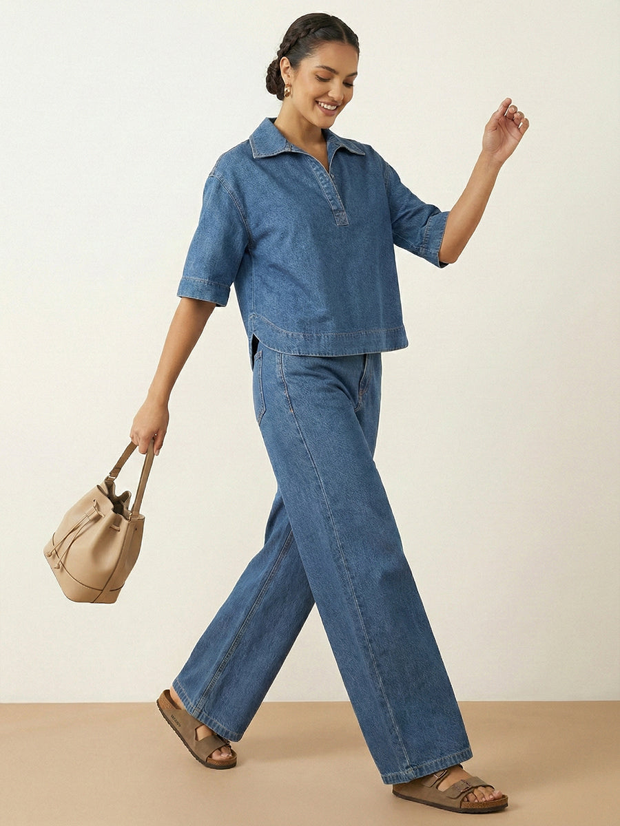 Women's Casual 100% Cotton Denim Top And Wide-leg Pants Two-piece Set
