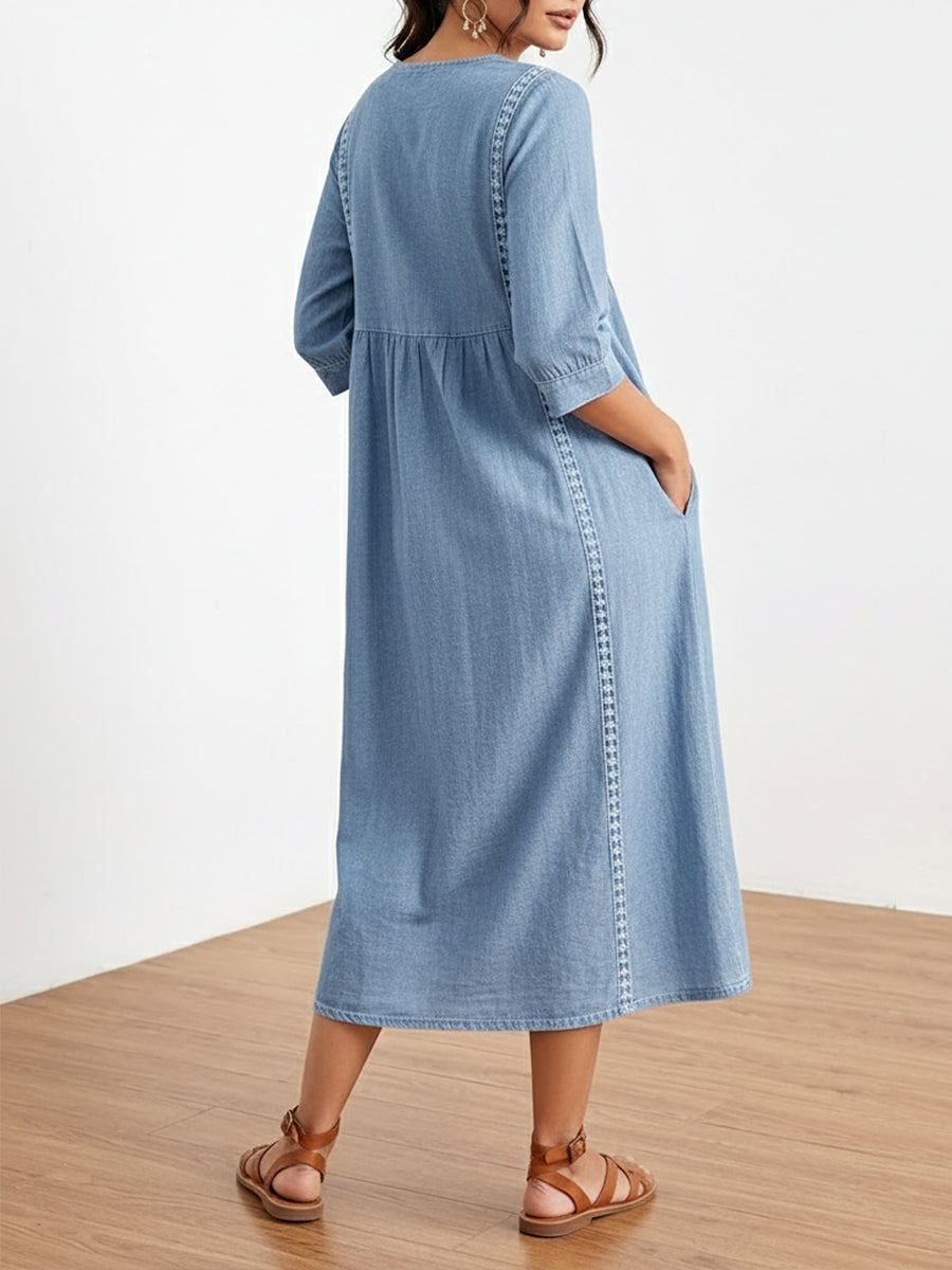 Casual Loose-fitting Patchwork Lace Trim Linen And Cotton Dress