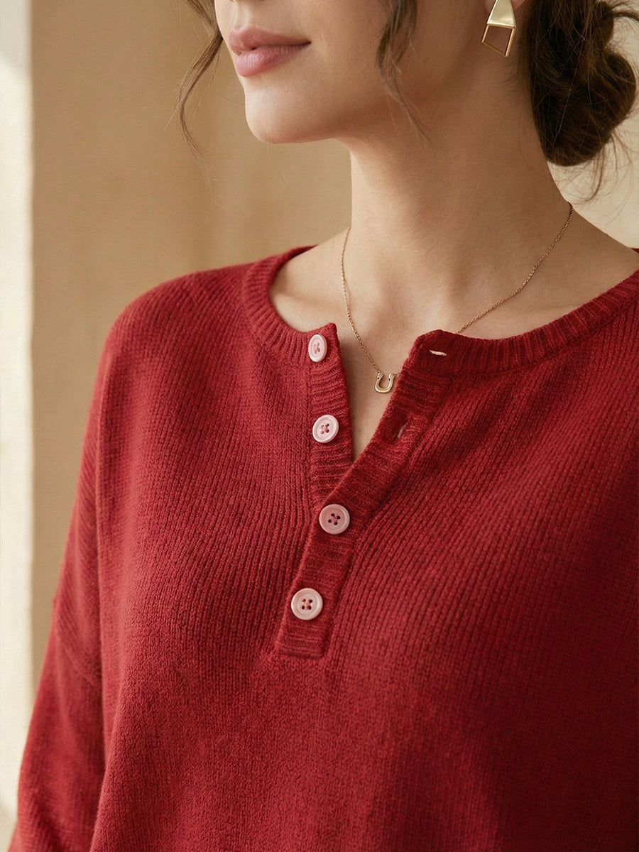 Women's Soft Solid Color Henley CollarSweater Top