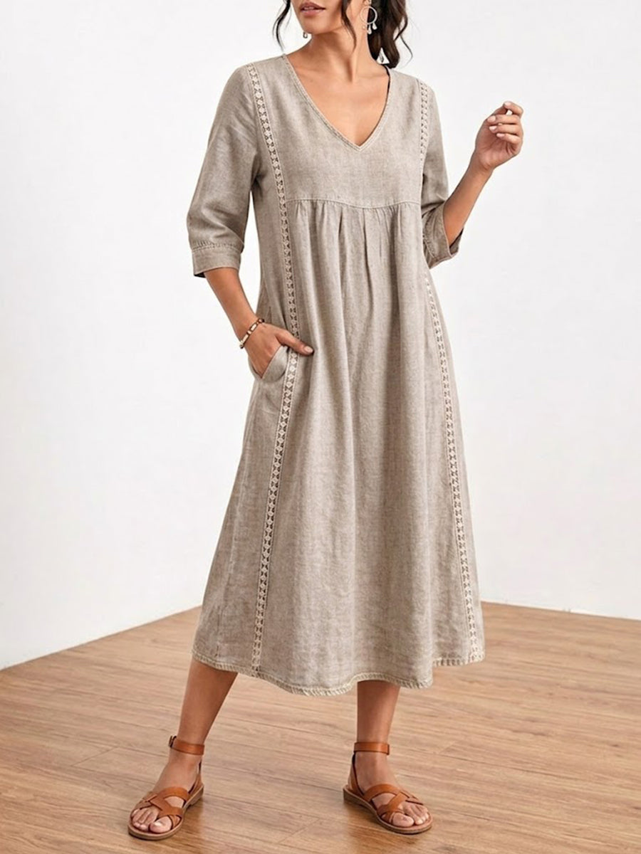 Casual Loose-fitting Patchwork Lace Trim Linen And Cotton Dress