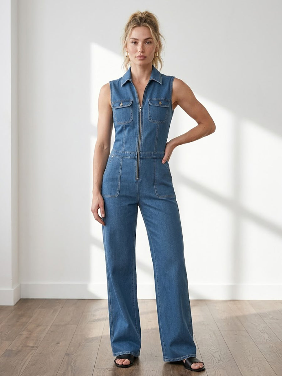 Women's Casual 100% Cotton Zip-up Denim Jumpsuit