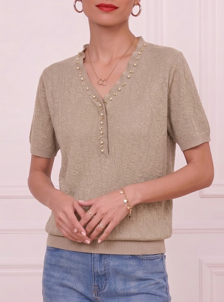 Casual And Cozy Jacquard Knit Pullover With Pearl-embellished Collar