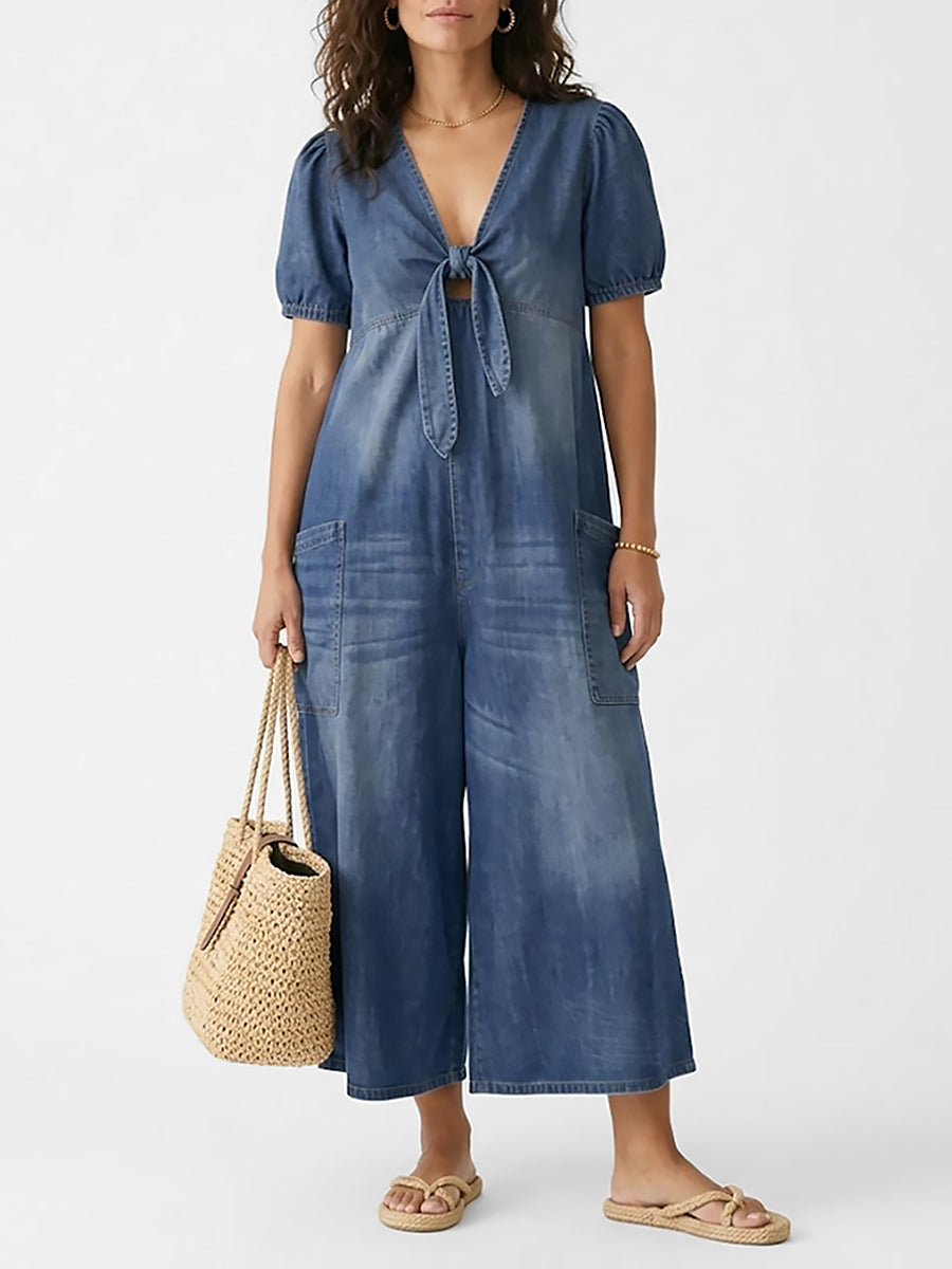 Women's Casual Loose Short-sleeved V-neck Denim Jumpsuit