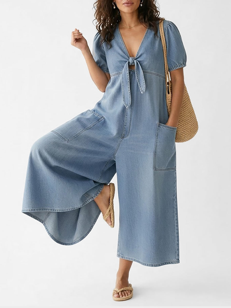 Women's Casual Loose Short-sleeved V-neck Denim Jumpsuit
