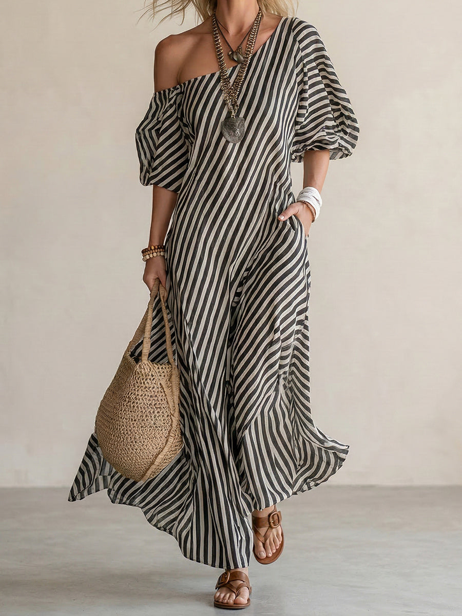 FIORACHIC Women’s Striped Off-Shoulder Maxi Dress – Elegant Summer Vacation Dress