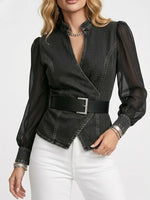 Women's Elegant Slim-fitting Denim Blue Top with Organza Sleeves