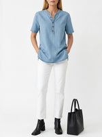 Women's Loose Denim Top - V Neck Short Sleeve Casual Button Up Cotton Blouse
