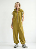 Women's Stand Collar Short Sleeve Cotton Wide-Leg Jumpsuit – Casual Loose Fit