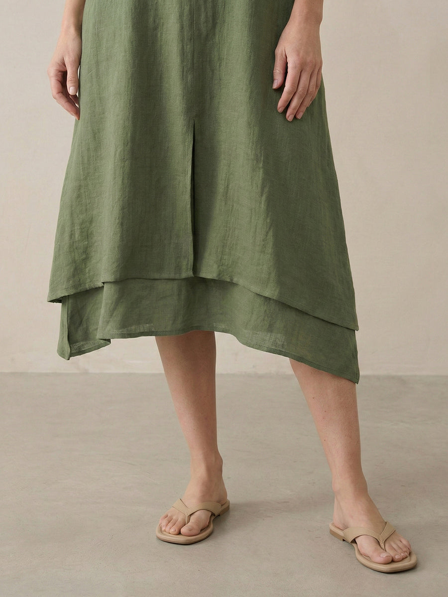Linen V-Neck Double-Layer Midi Dress