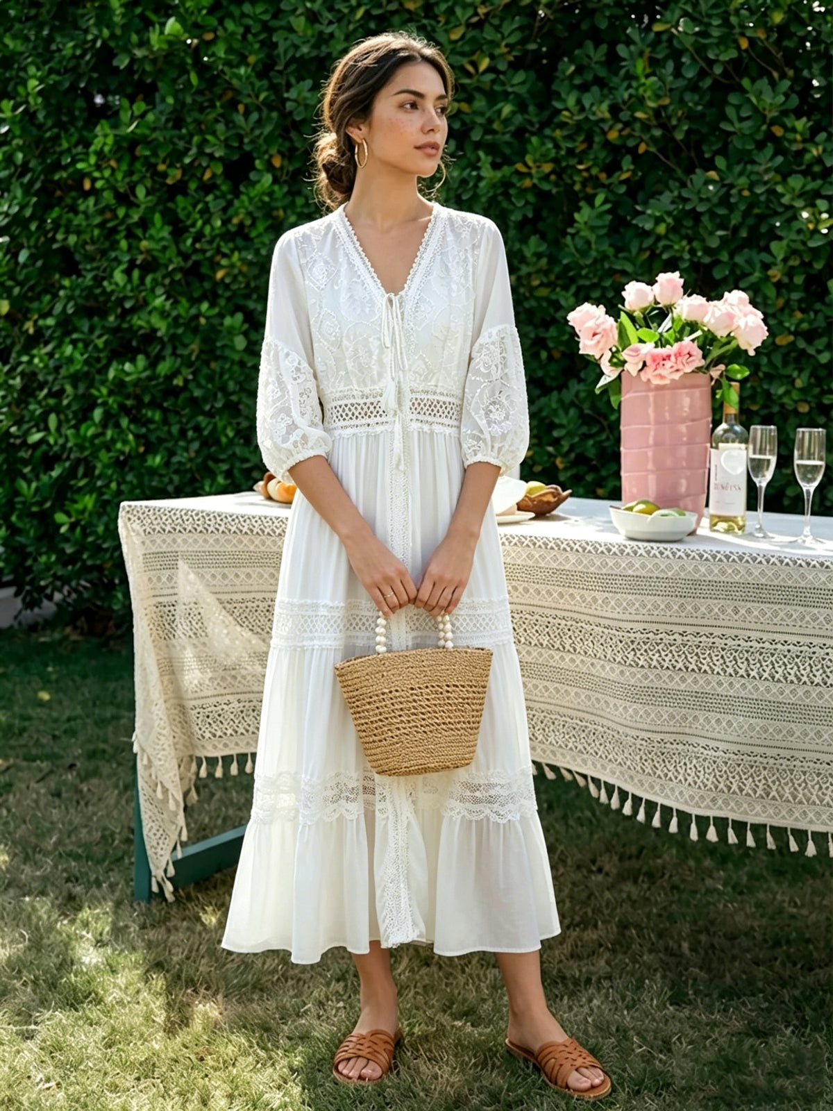 Mid-sleeve Openwork Embroidered Dress