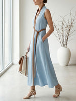 Women's Stand-up Collar Sleeveless Casual Loose Cotton And Linen Dress