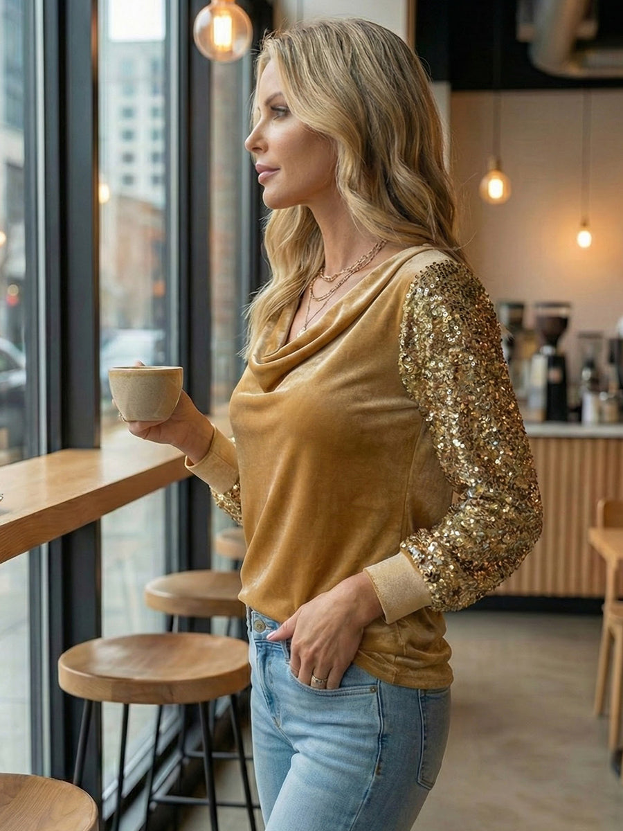 Stylish women's velvet turtleneck long-sleeved T-shirt with sequin embellishments