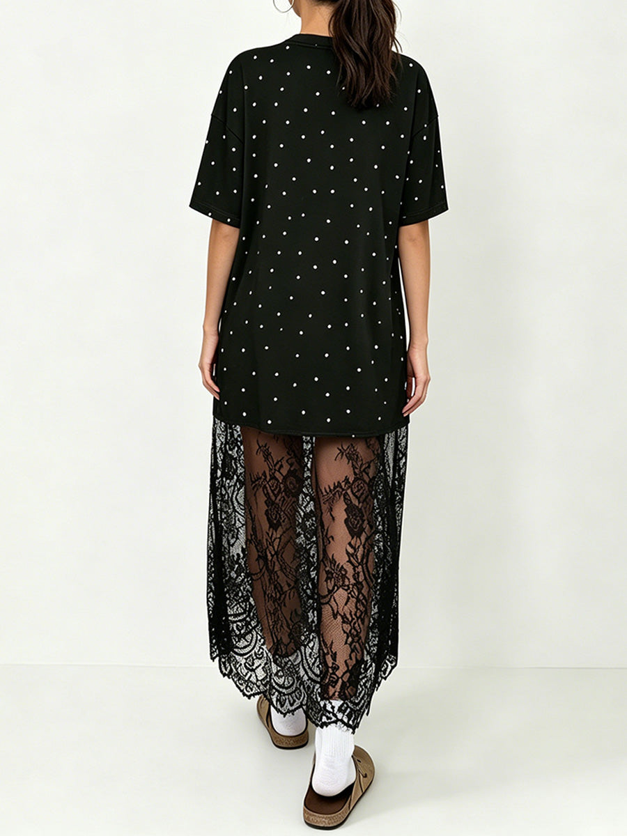 Round-neck, Polka-dot, Short-sleeve, Loose-fit, Casual Lace Dress