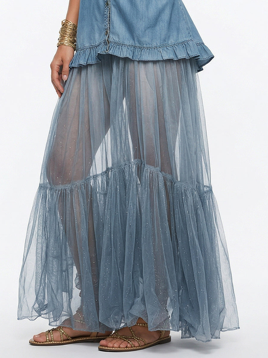 Mother’s Day Vintage Denim Patchwork Maxi Dress – Elegant & Timeless Gift