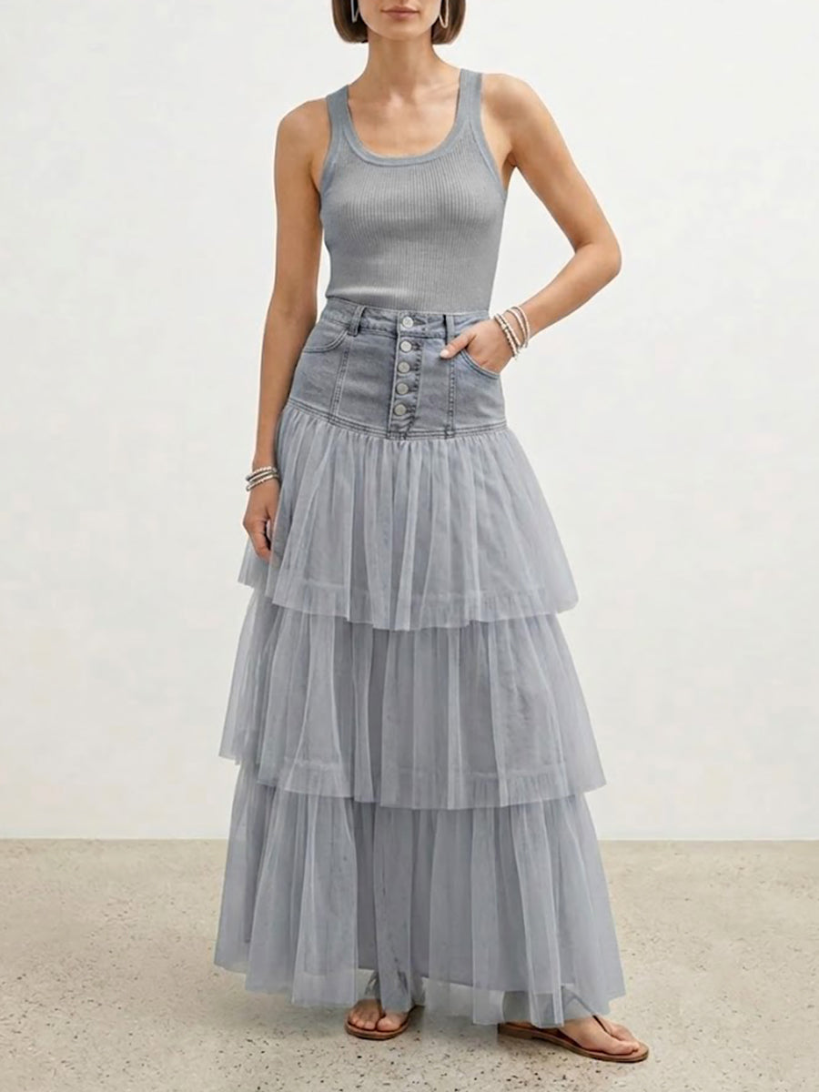 Stylish Balletcore Casual Spliced Mesh Denim Skirt