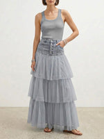 Stylish Balletcore Casual Spliced Mesh Denim Skirt