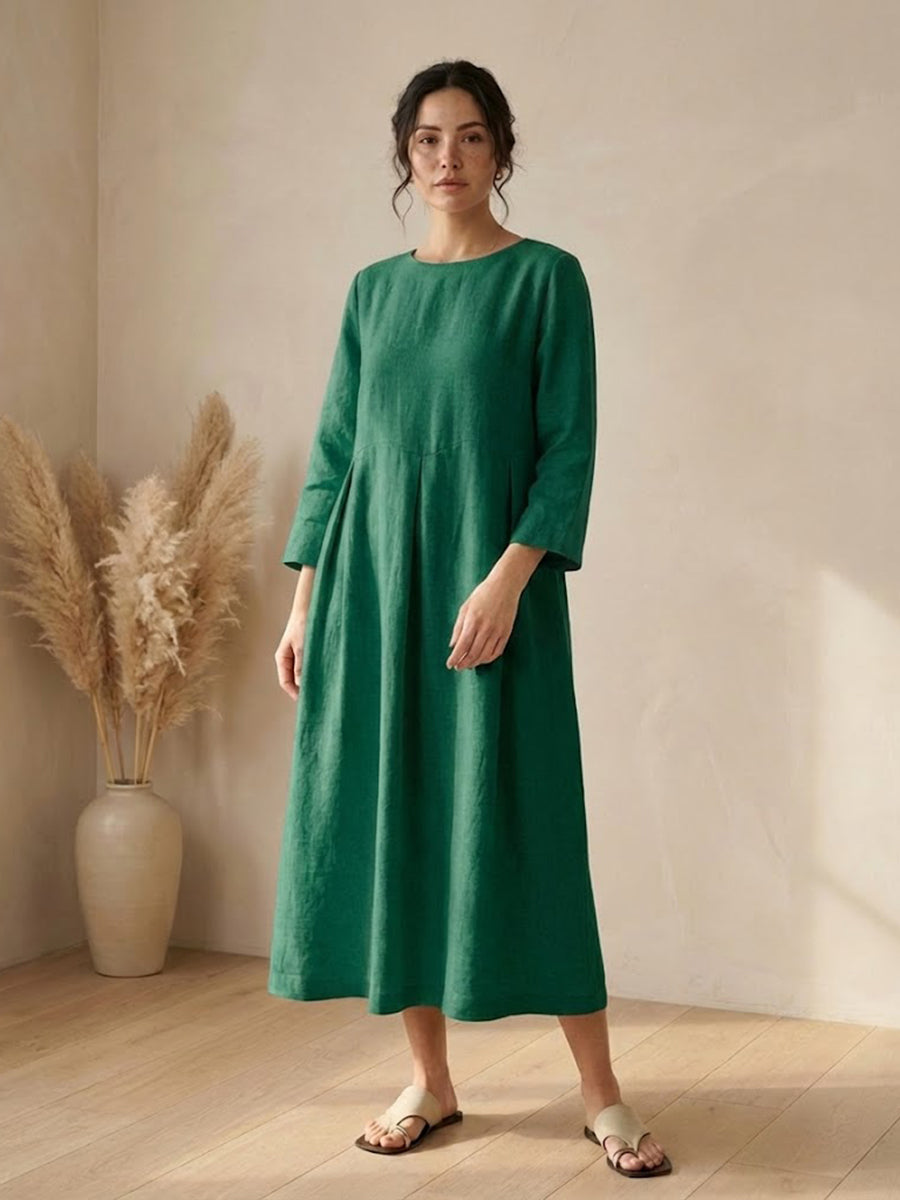 Womens Linen Bateau Neck Pleated Maxi Dress