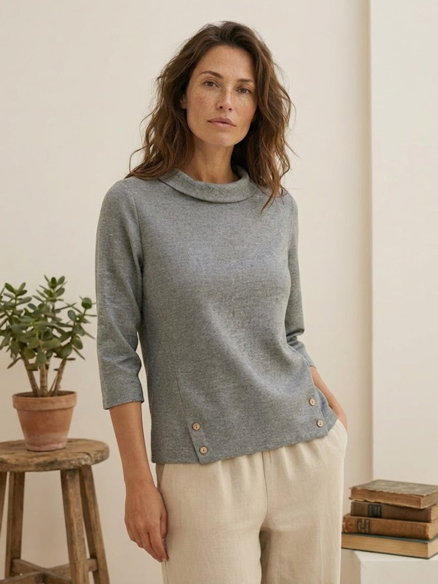 Women's Linen Gingham Checked Round Soft-Fold Collar Top