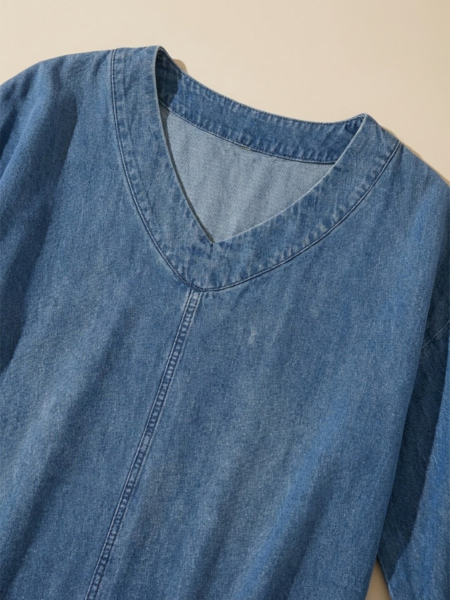Women's Casual Washed Denim V-Neck Tunic Top